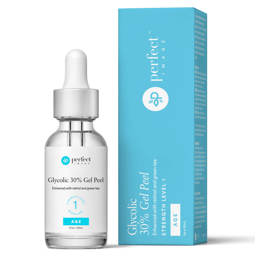 Perfect Image glycolic acid 30 peel bottle shows concentrated exfoliation for refreshed skin.