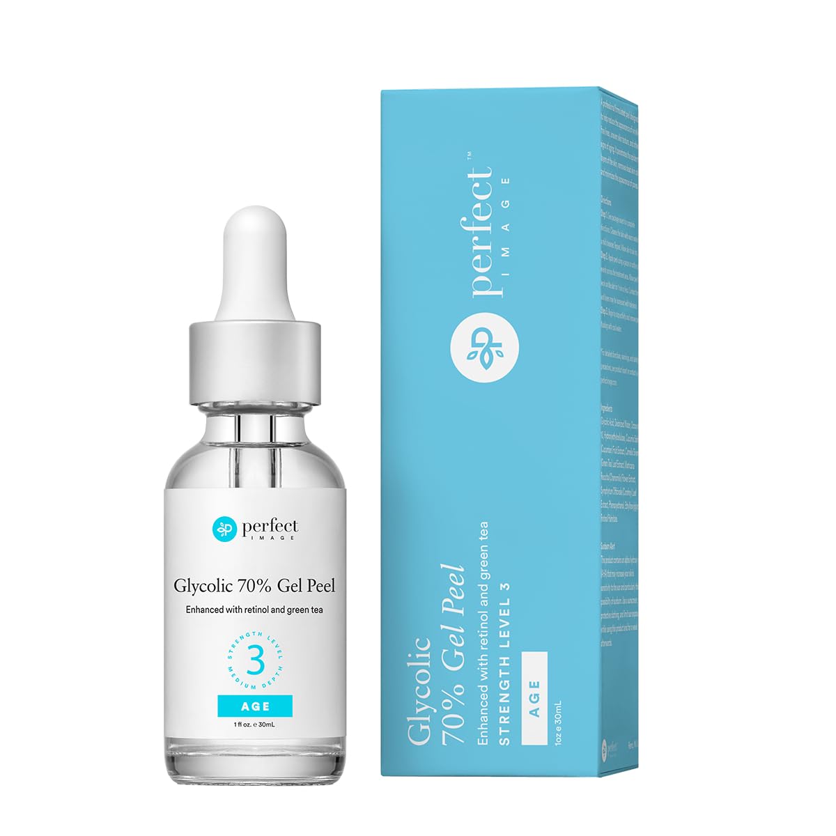 Perfect Image glycolic gel peel bottle close-up for exfoliation and refreshed skin.