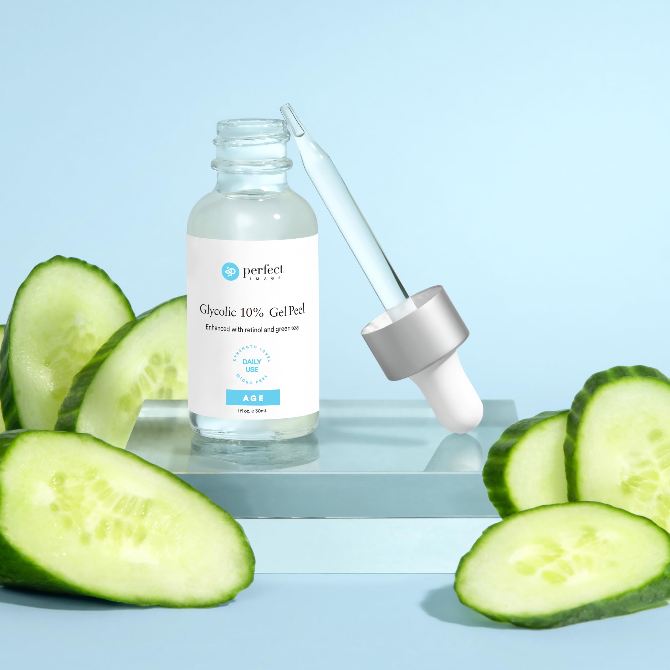 PUMP dispenses the Perfect Image Glycolic Gel Peel bottle for easy use.