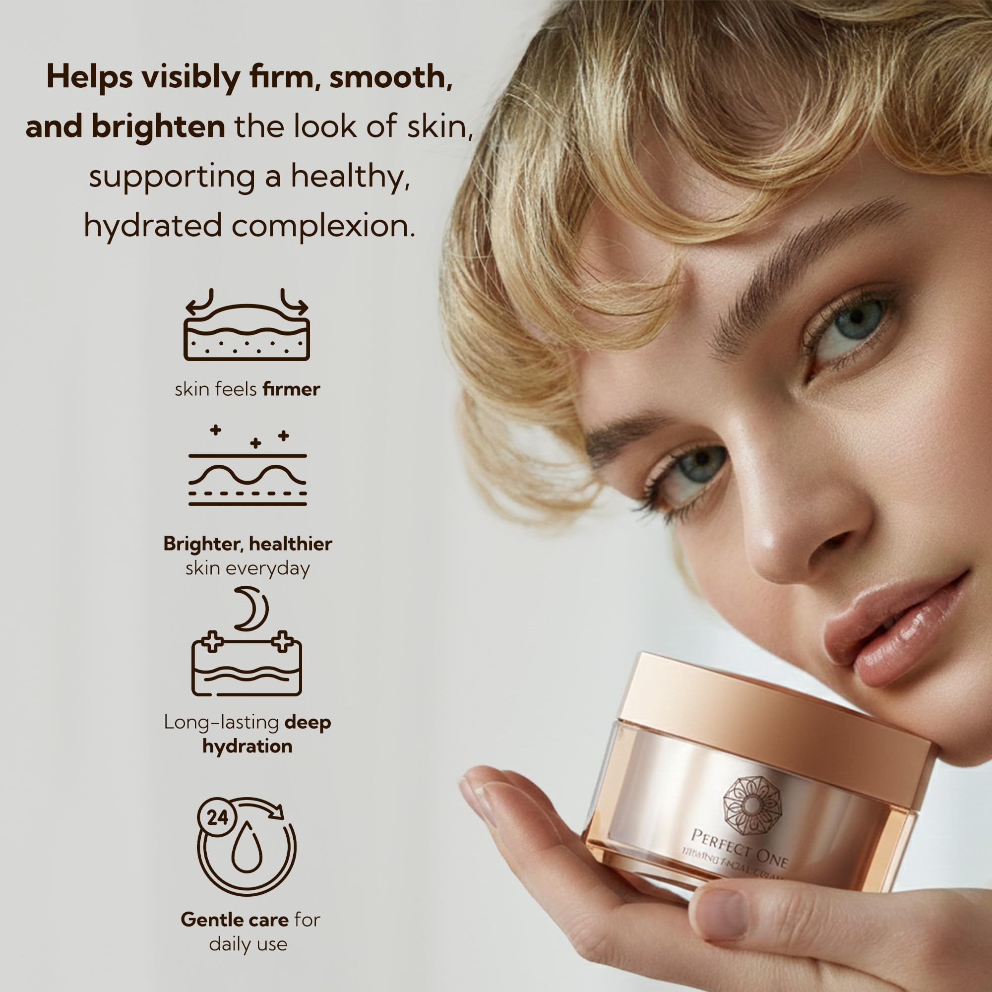 PERFECT ONE Firming Cream application shows smooth, non-greasy finish.