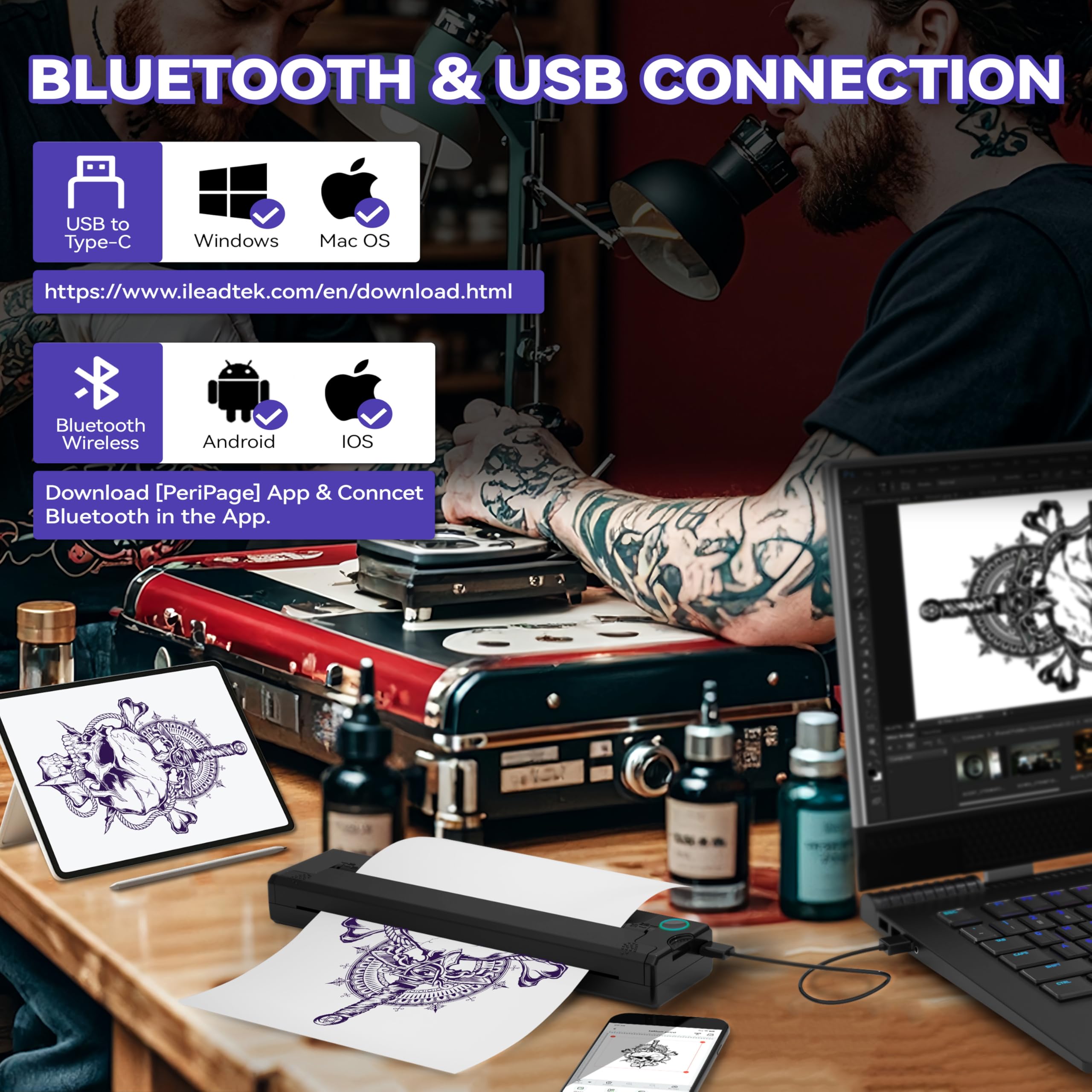 PeriPage P90 tattoo stencil printer side view highlighting portable design.