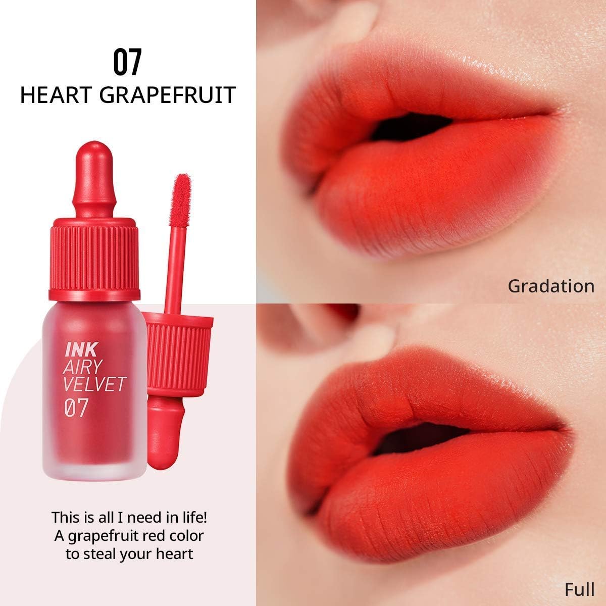 Peripera Ink Airy Velvet Lip Tint 007 Heart Grapefruit gradient look for soft, natural lips.