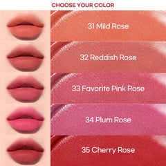 Swatches show Plum Rose moisture-rich finish for soft wear