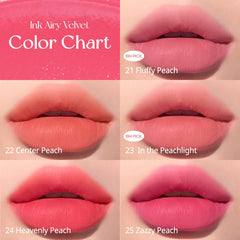 Peripera Ink Airy Velvet Lip Tint airy peach swatch on lips.