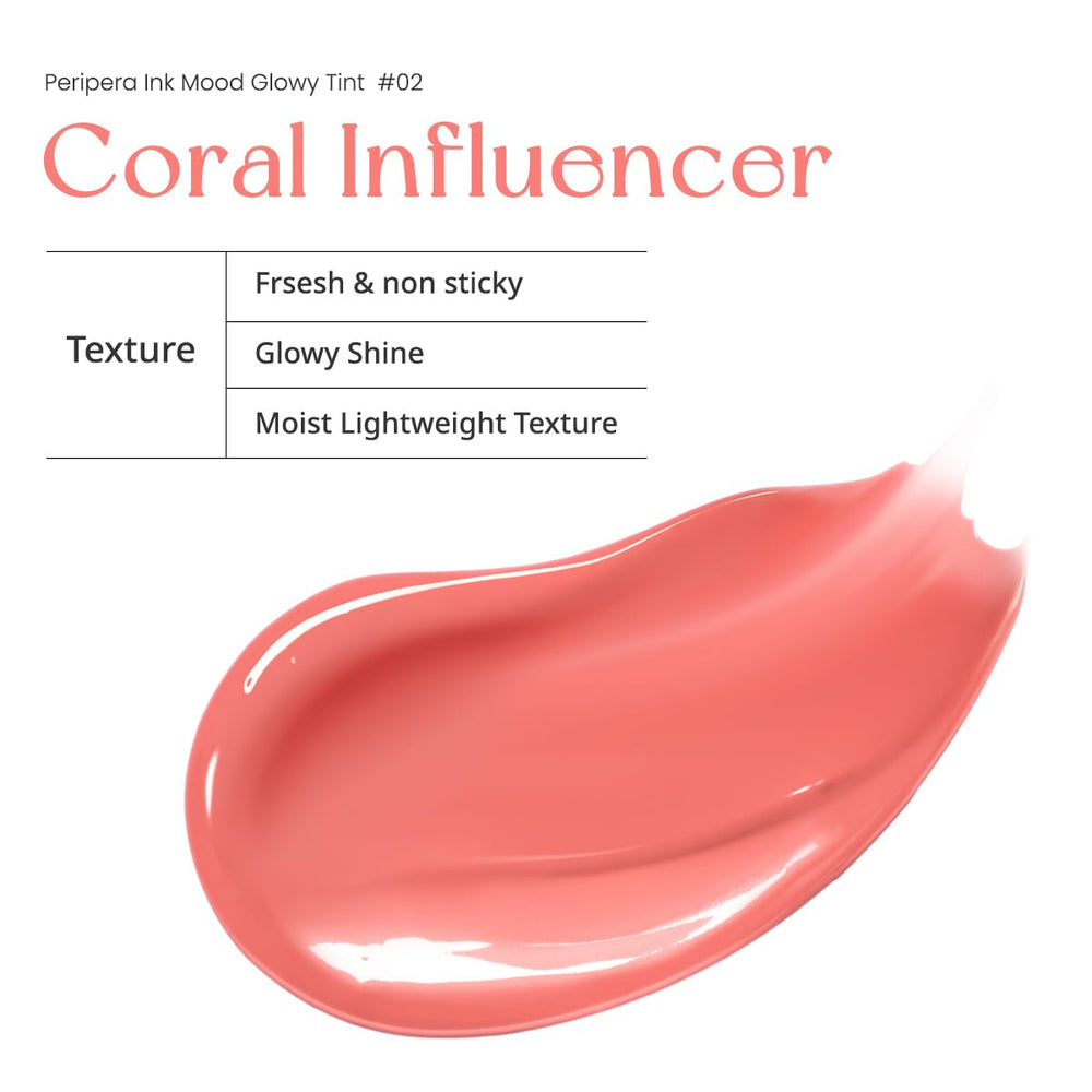 Peripera Ink Mood Glowy Tint Coral Influencer glow on lips for shine