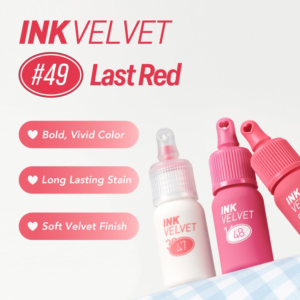 Peripera Ink The Velvet Lip Tint swatches show rich pigment and even opacity.