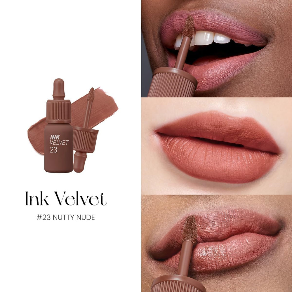 Peripera Ink The Velvet Lip Tint lip swatch reveals long-wear color with minimal transfer.