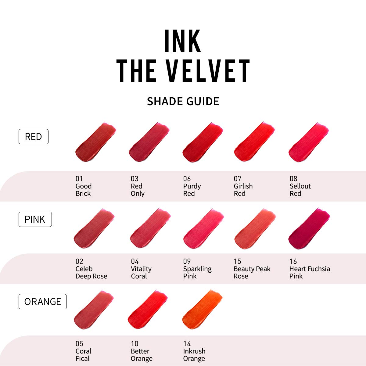 Peripera Ink the Velvet Lip Tint shade range collection for expressive daily looks.