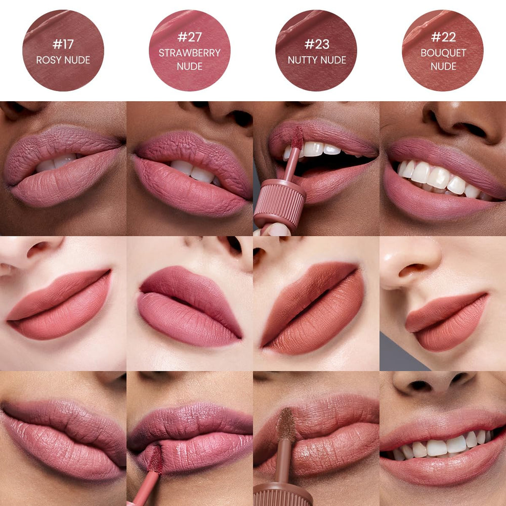 Peripera Ink the Velvet Lip Tint display of nude shades for daily wear.