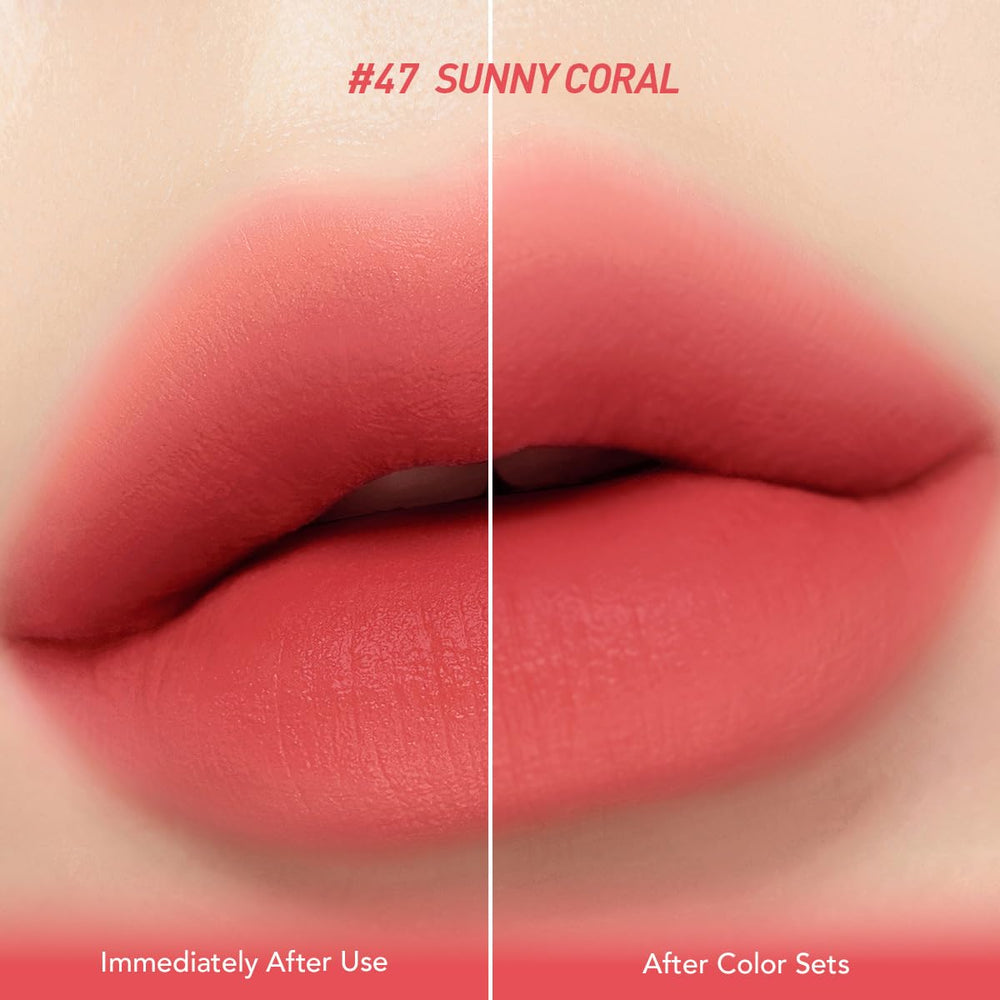Peripera Ink Velvet Sunny Coral applicator in action for precise application.