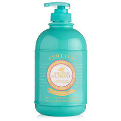 Perlier Golden Almond Bath and Shower Cream bottle and rich foam hydrates while cleansing.