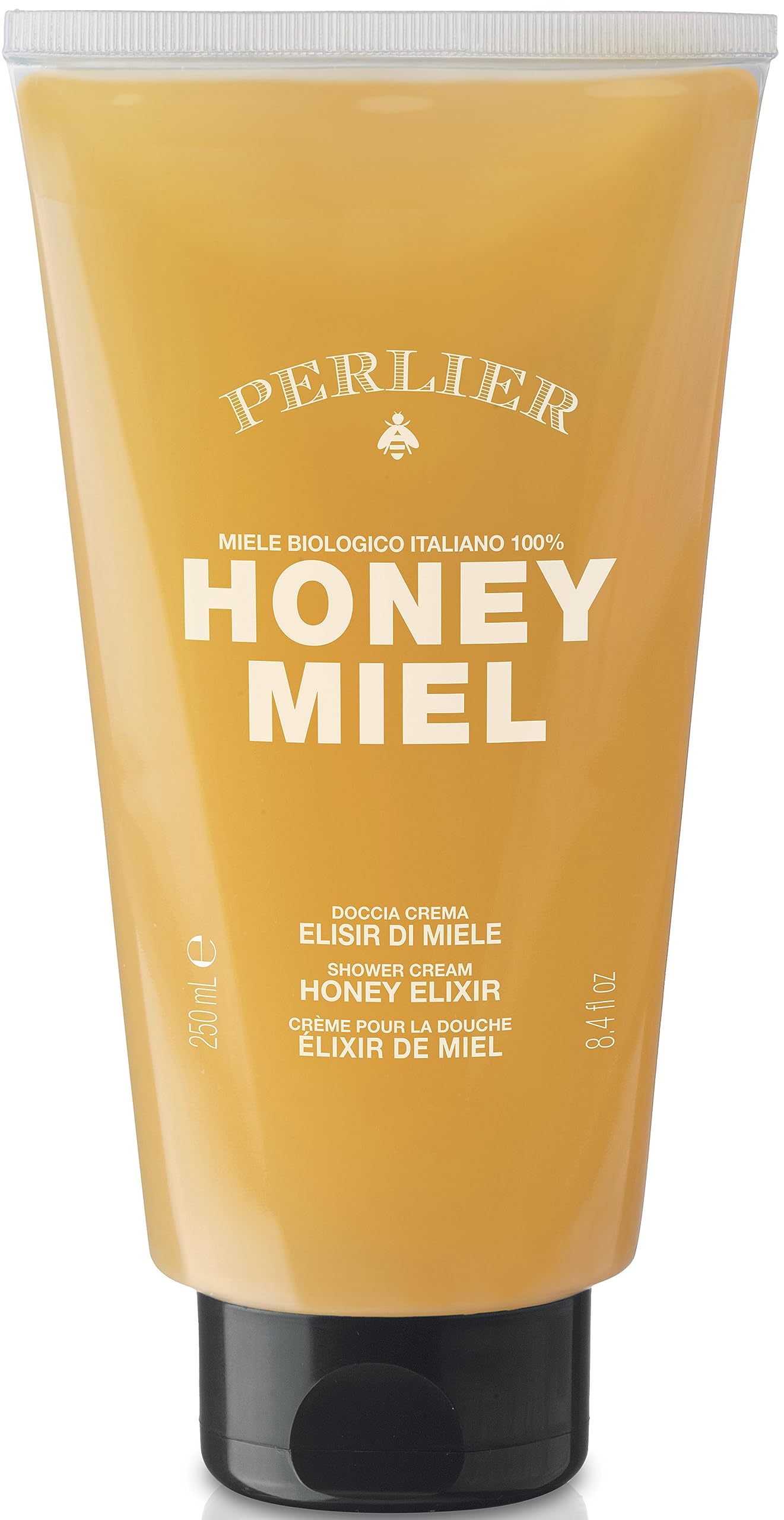 Perlier Honey Elixir bottle illustrating sulfate-free formula for gentle cleansing and hydration.