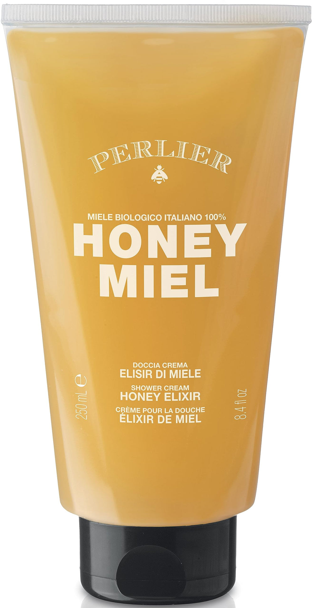 Perlier Honey Elixir bottle illustrating sulfate-free formula for gentle cleansing and hydration.
