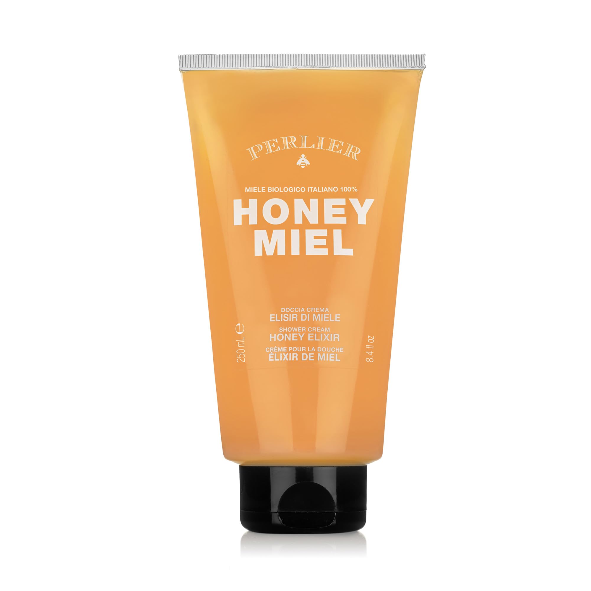 Perlier Honey Elixir Shower Gel bottle provides gentle cleansing for silky, hydrated skin.
