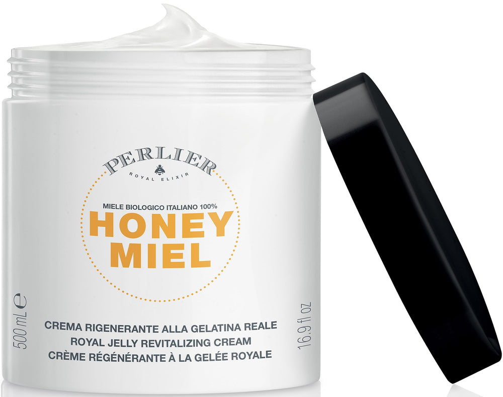 Perlier Honey Revitalizing Body Cream bottle showing rich hydration for dry skin