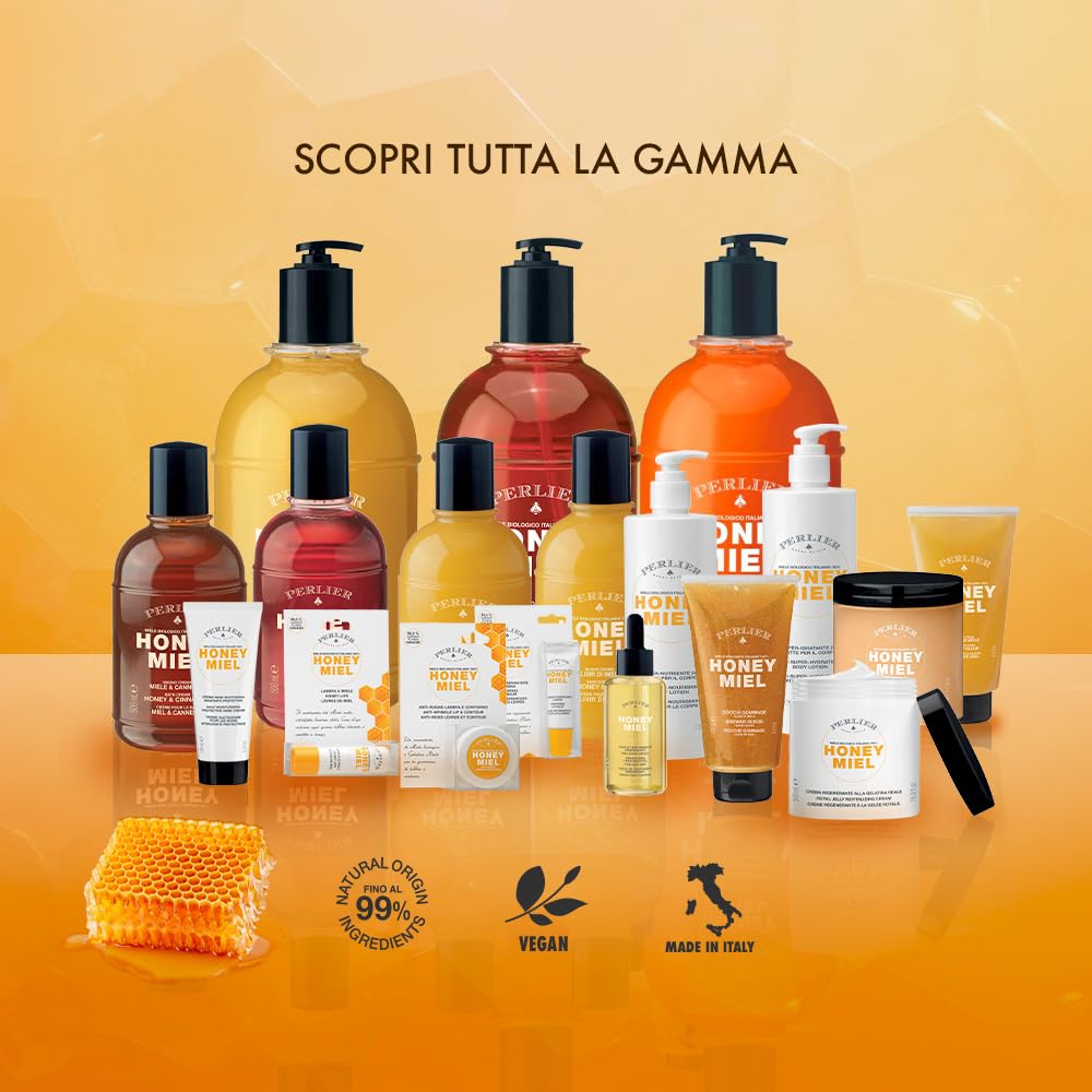 Packaging close-up of Perlier Honey Revitalizing Body Cream with premium design