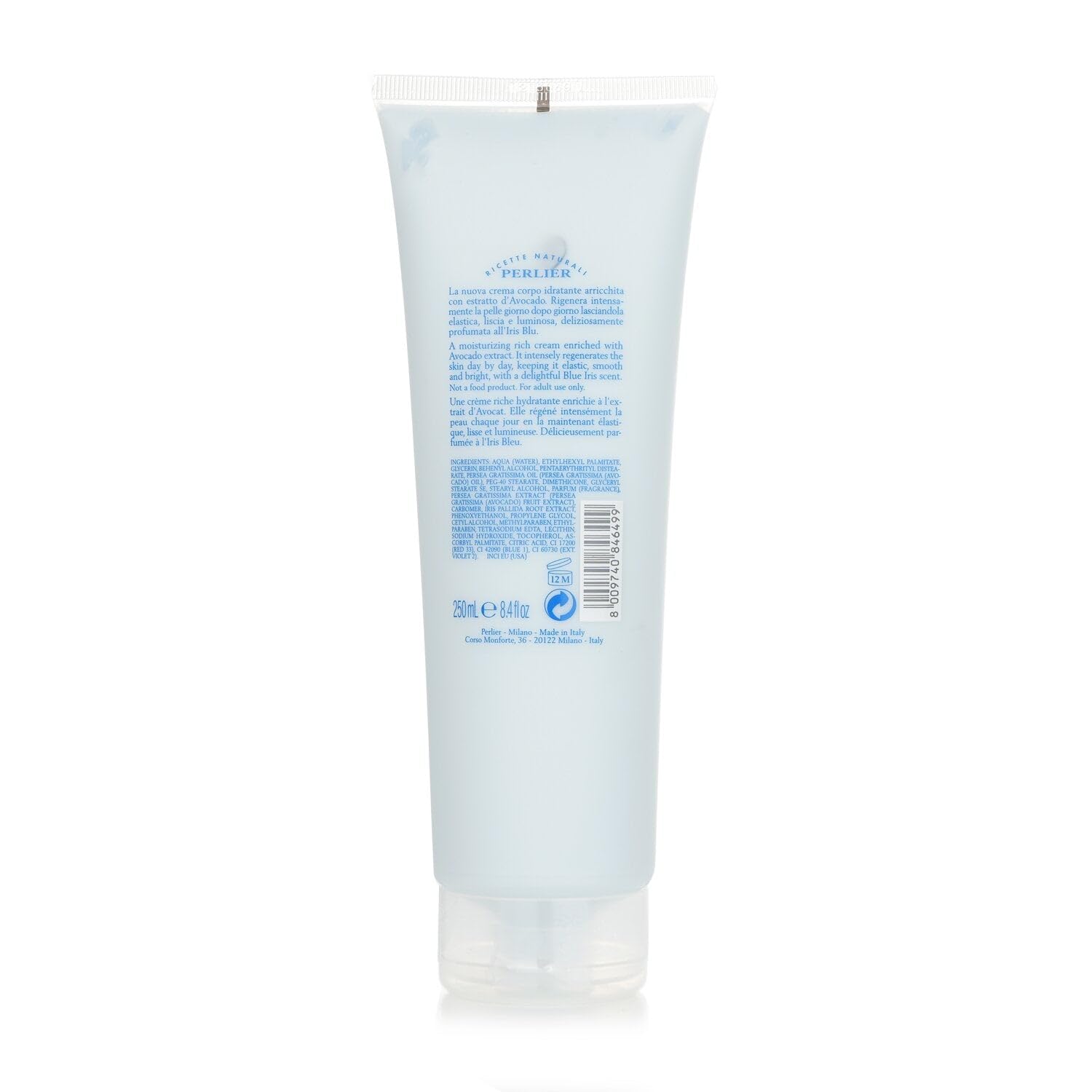 Perlier Iris Blu dei Colli Toscani tube with ingredients—scented skin conditioning potential.