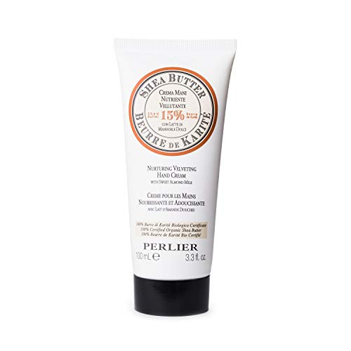 Perlier texture close-up reveals velvety almond-butter blend for nourished hands.
