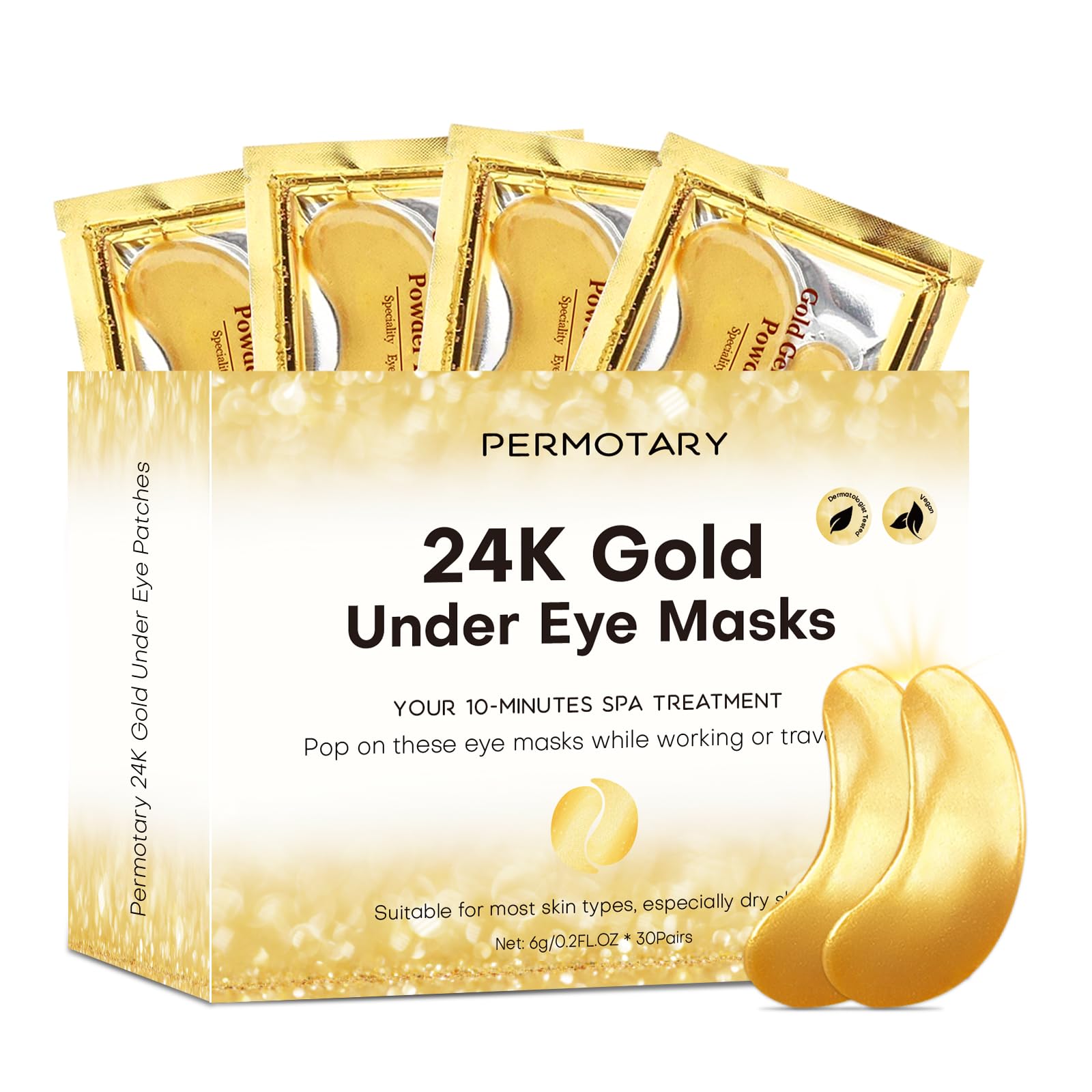 Permotary 24K gold under-eye patches hydrate and brighten the eye area.