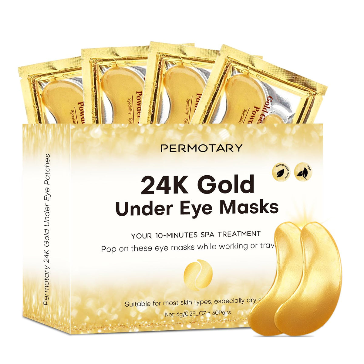 Permotary 24K gold under-eye patches hydrate and brighten the eye area.