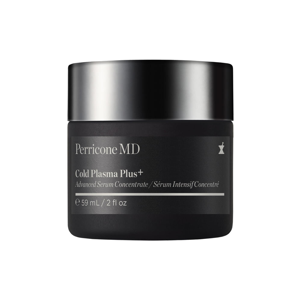 Perricone MD Cold Plasma Plus+ serum jar close-up showing premium packaging and multi-action formula.