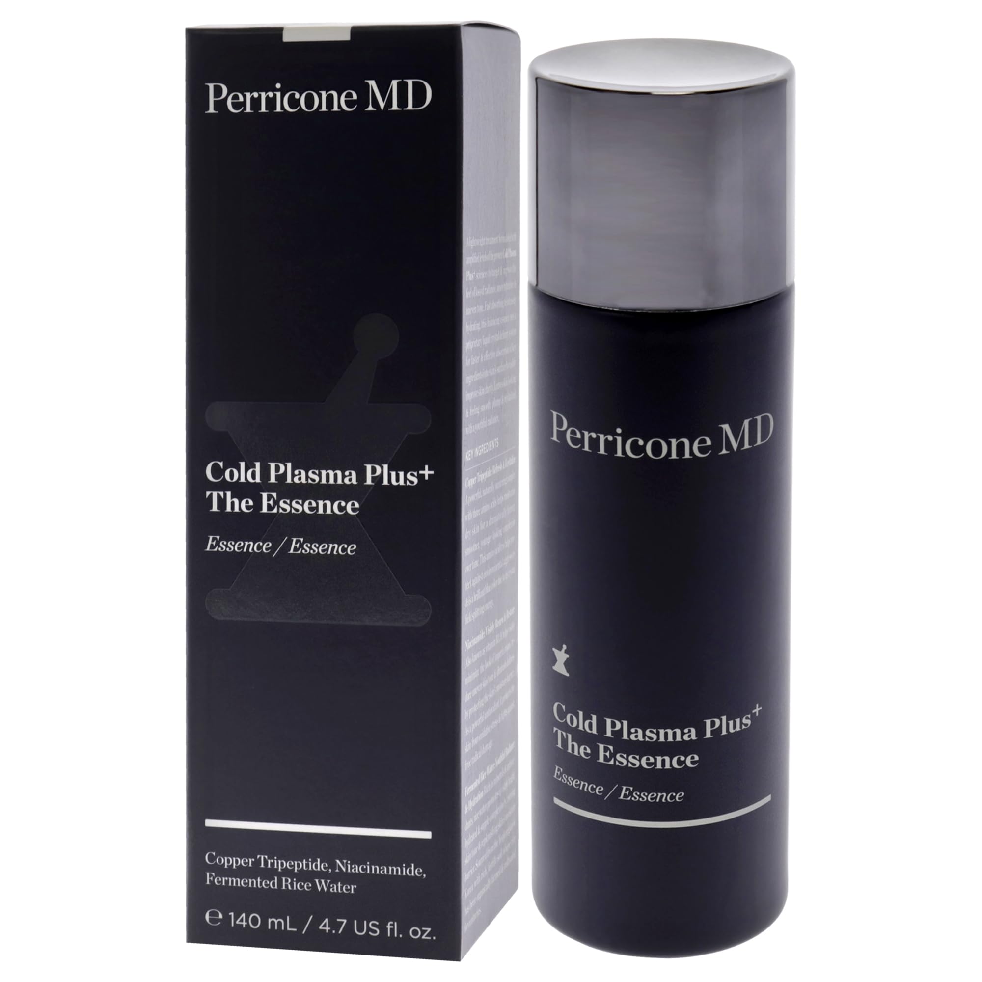 Perricone MD The Essence bottle label details, highlighting Niacinamide and Copper Tripeptide.