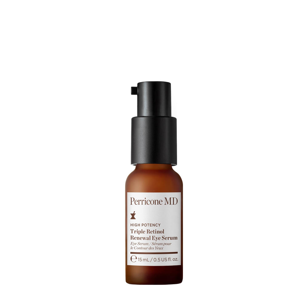 Perricone MD High Potency Triple Retinol Eye Serum bottle on a clean counter, promoting a firmer eye skin.