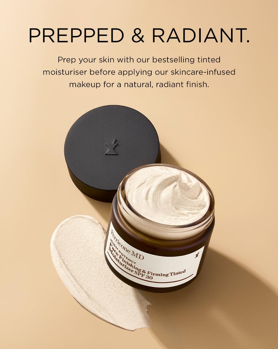 Perricone MD SPF 30 tinted cream applied to skin with a sheer, protective glow.