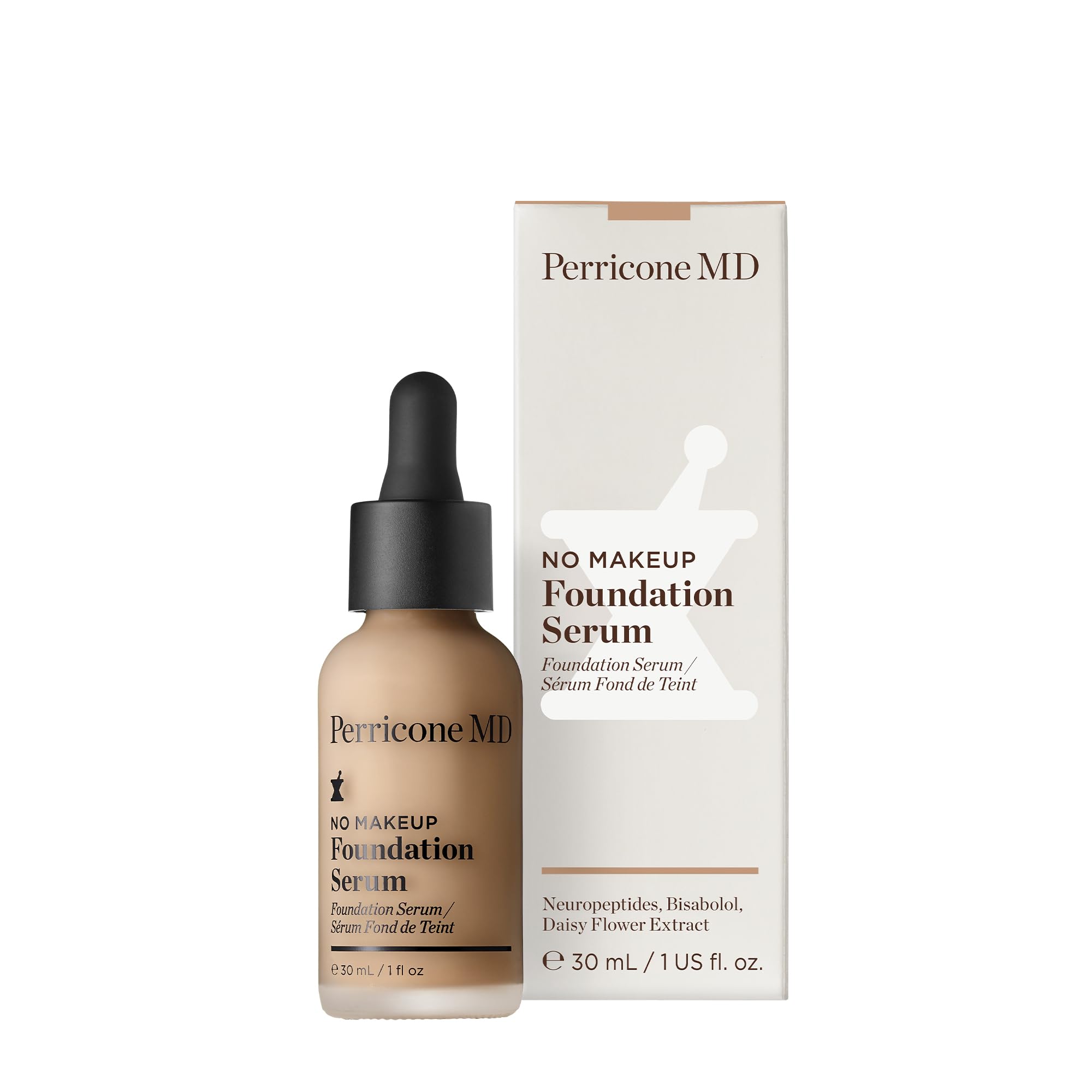 Perricone MD No Makeup Foundation Serum Buff swatches show universal shade compatibility.
