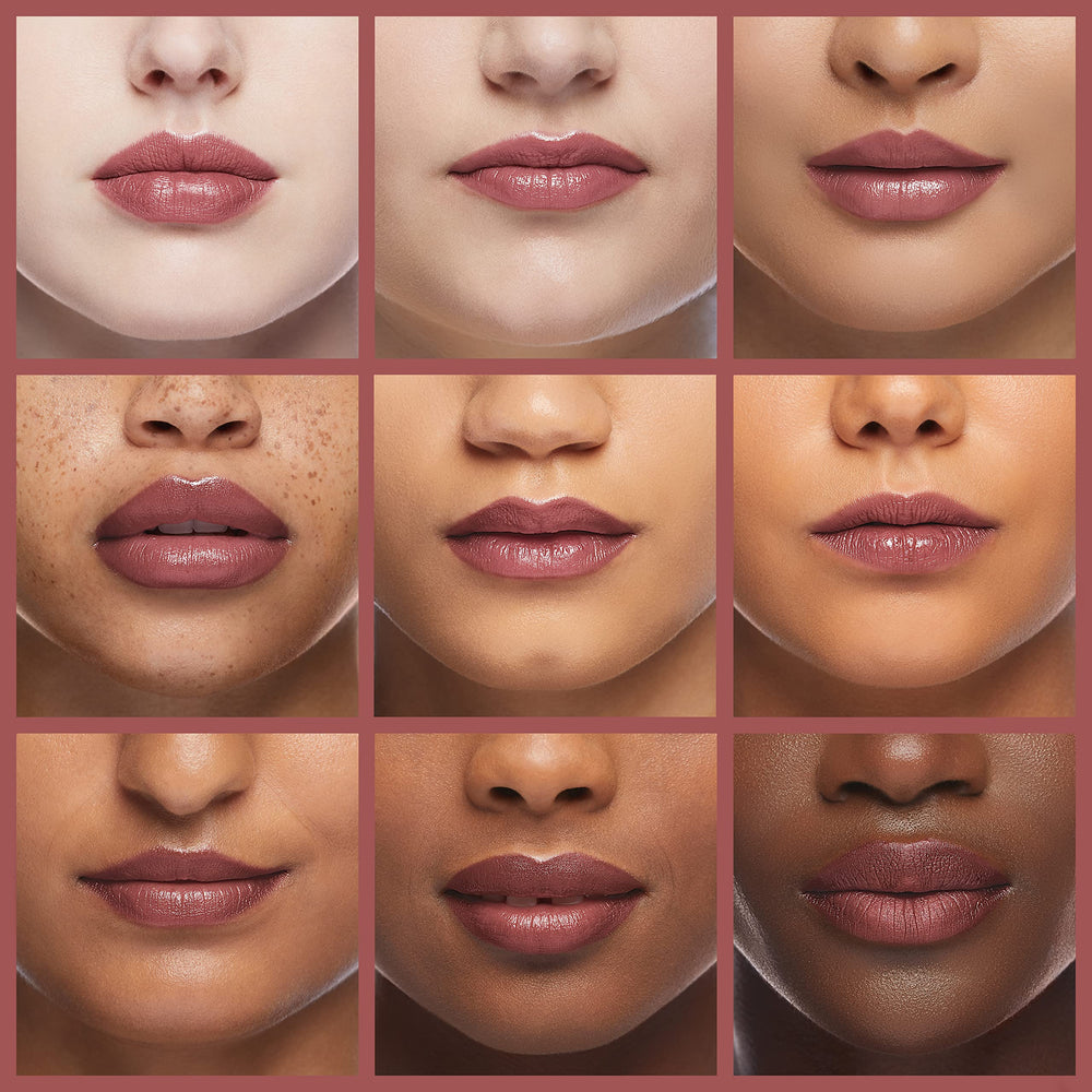 Perricone MD No Makeup Lipstick Cognac with foundation pairing shows cohesive look with Tan shade