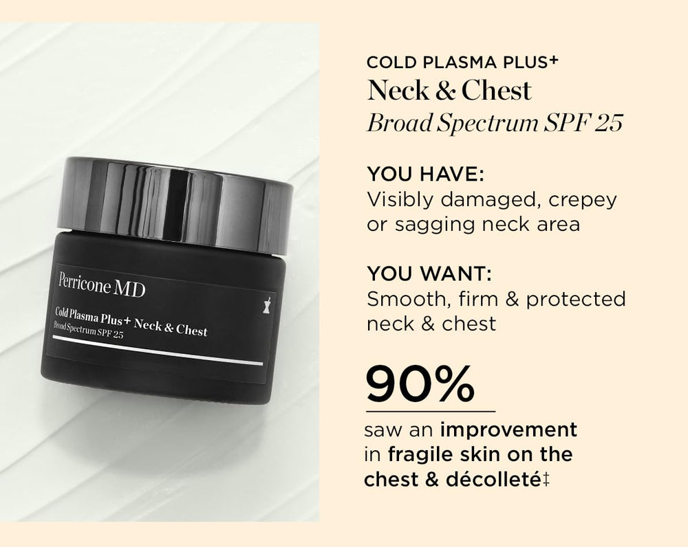 Model applying Perricone MD neck and chest cream for daily moisture.
