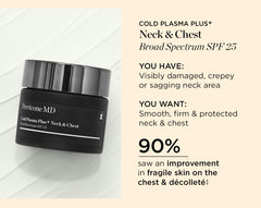 Model applying Perricone MD neck and chest cream for daily moisture.