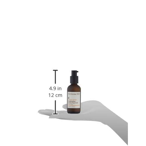 Perricone MD Vitamin C Ester Brightening Amine bottle on dresser with iconic packaging.