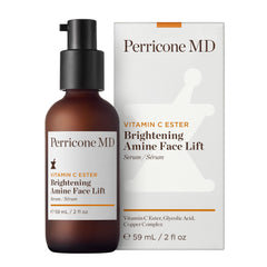 Perricone MD Vitamin C Ester Brightening Amine label close-up with copper complex.