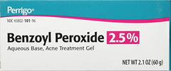 Perrigo acne treatment gel tube closeup highlighting 60g packaging for convenience.
