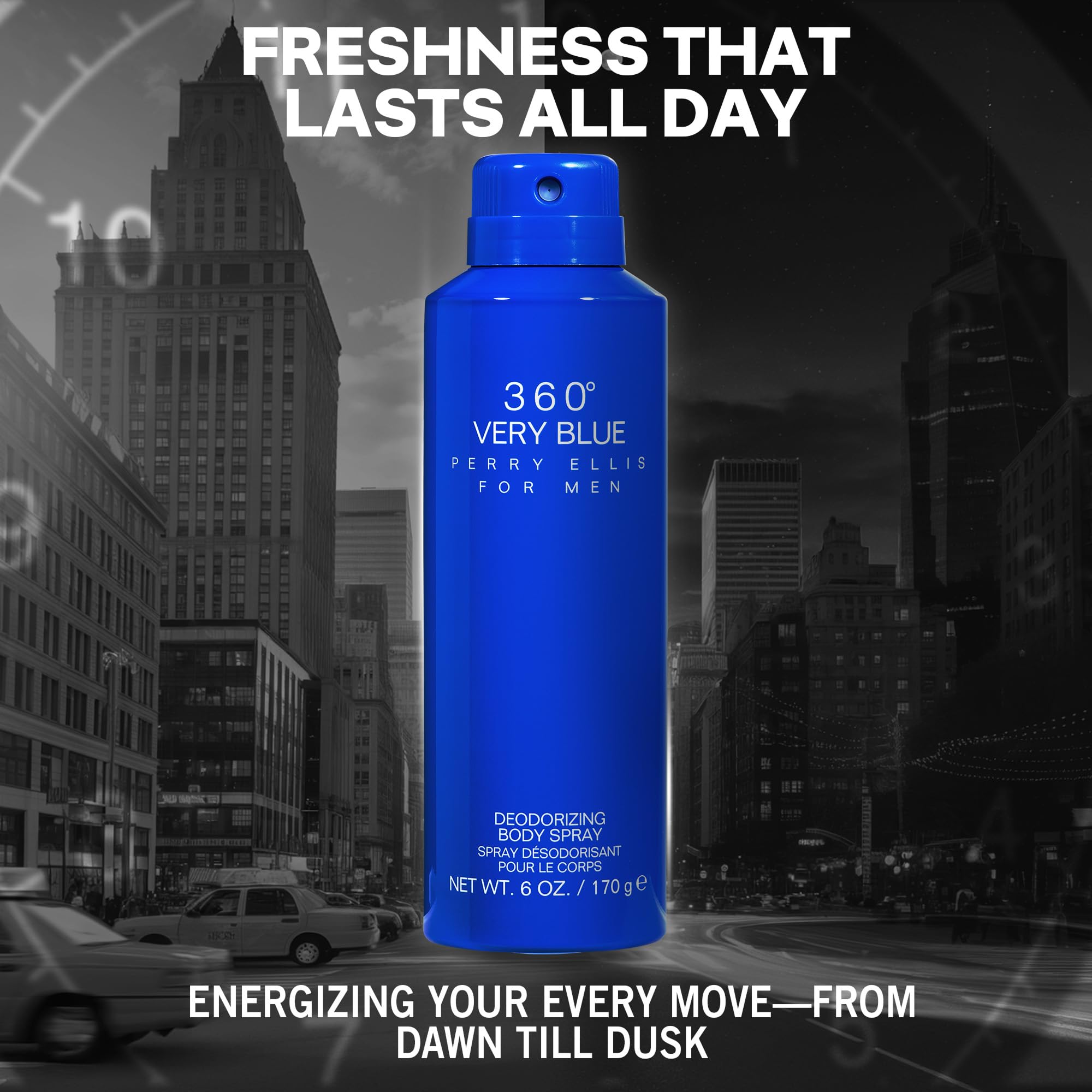 Perry Ellis 360° Very Blue spray-action shot highlights quick, even application