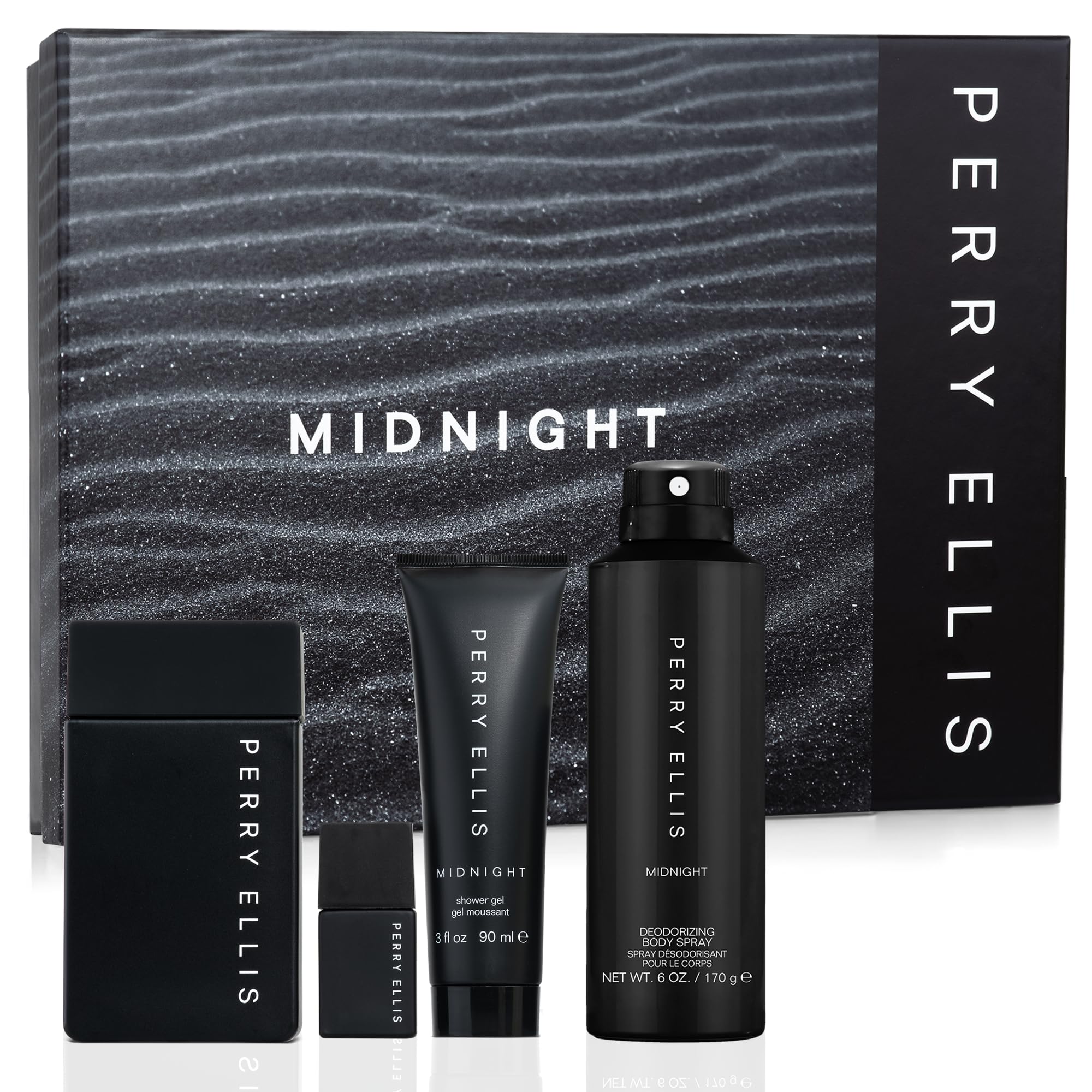 Perry Ellis Midnight bottle front view highlighting masculine fragrance