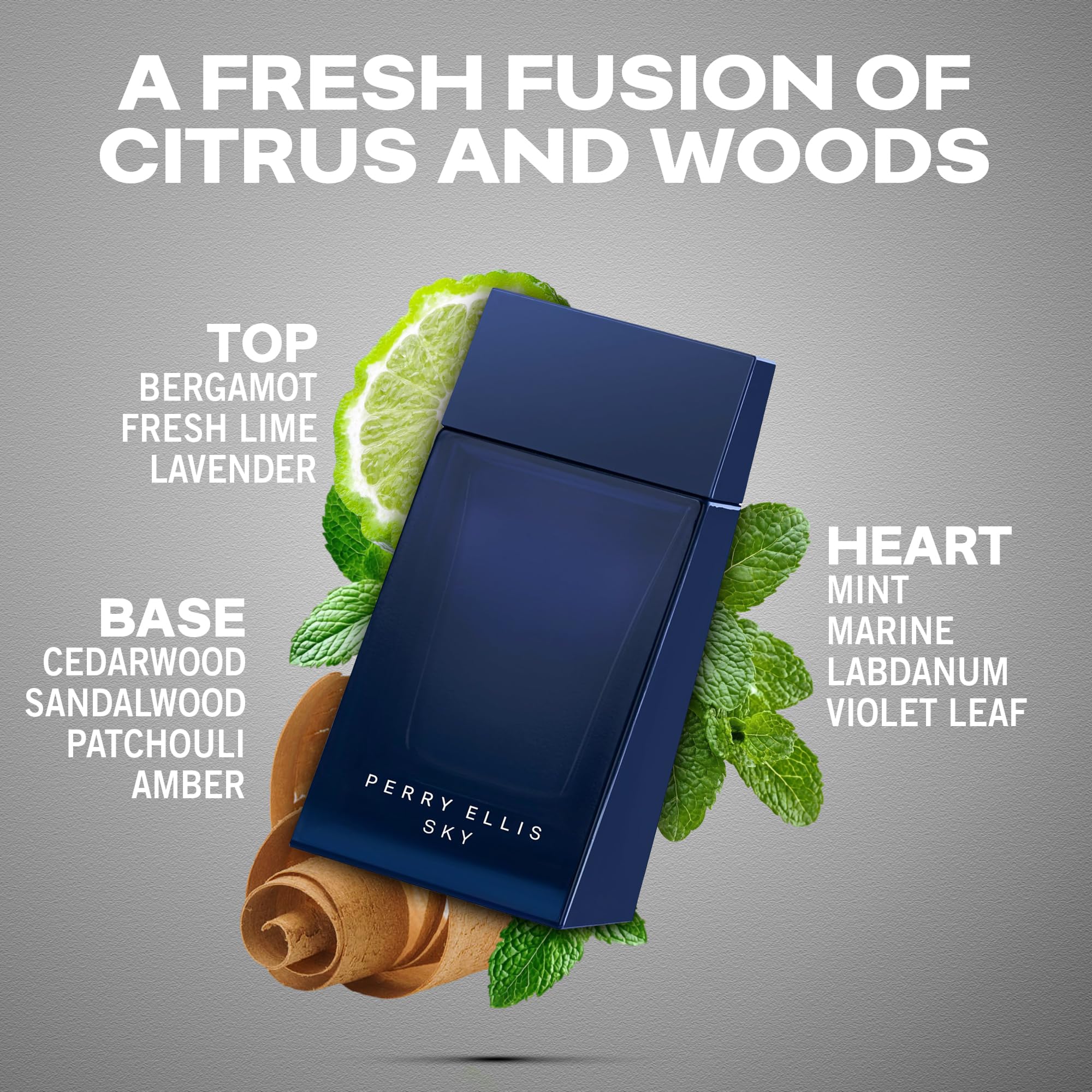 Perry Ellis Sky EDT bottle close-up, showcasing fresh citrus and woody notes.