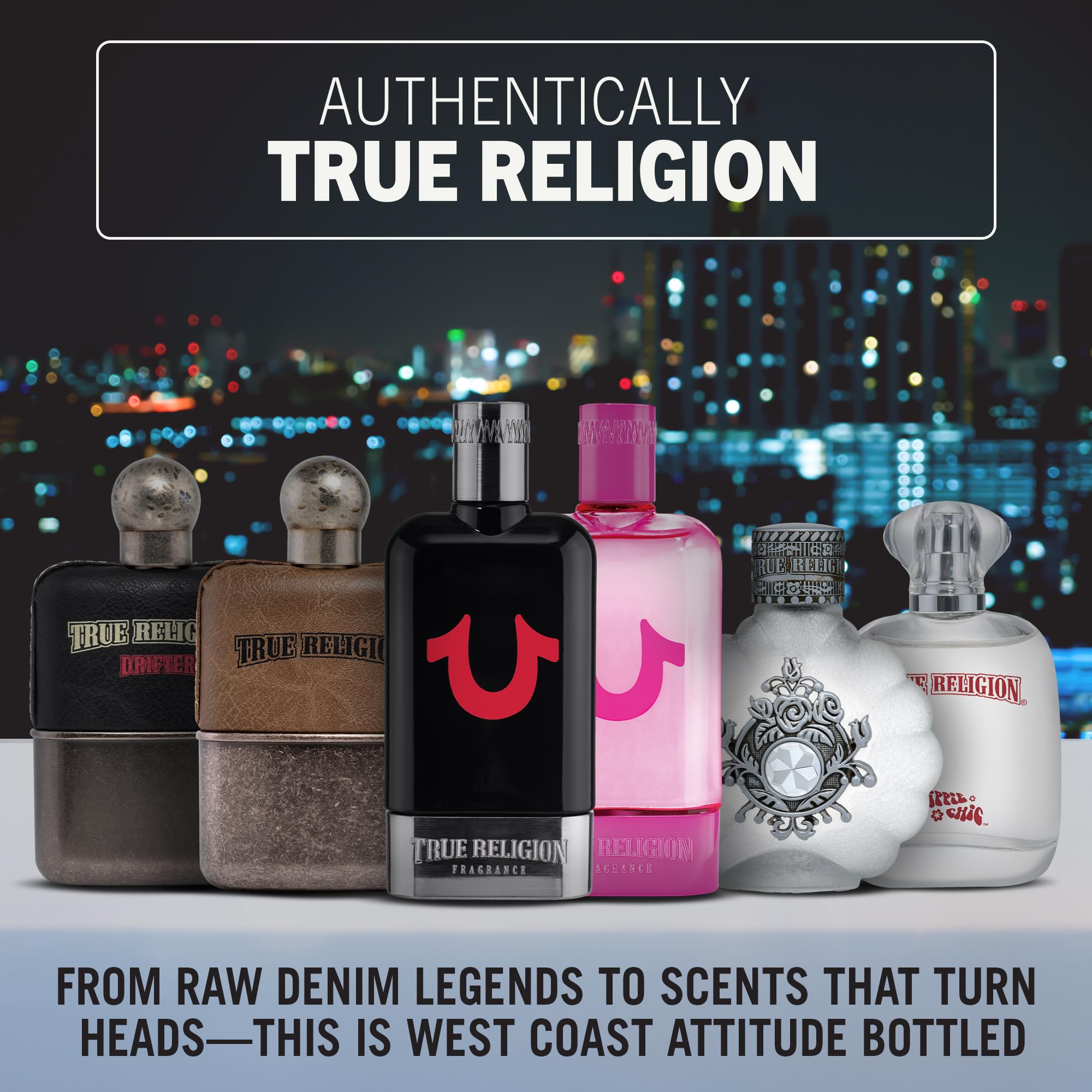 Perry Ellis True Religion Drifter collection display on a shelf