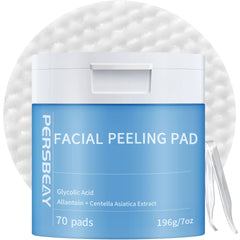 Persbeay Glycolic Acid Pads packaging shows a 70-count jar for daily exfoliation.