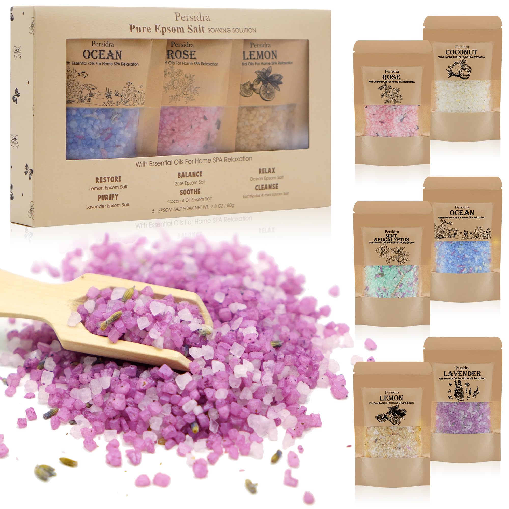 Persidra Bath Salts 6-Pack Gift Display for at-home spa moments.