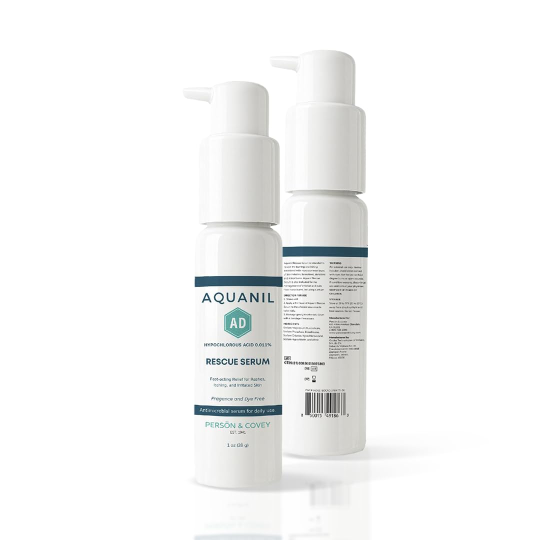 Person & Covey Aquanil AD Rescue Serum bottle closeup showing fragrance-free relief for irritated skin