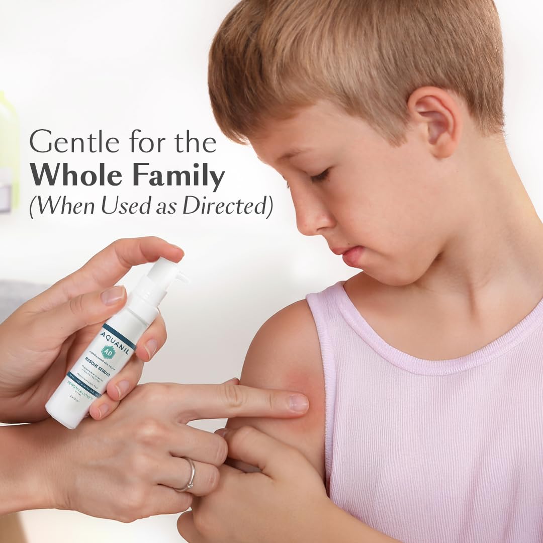 Person & Covey Aquanil AD Rescue Serum hand-application demonstrates easy, quick absorption on irritated skin