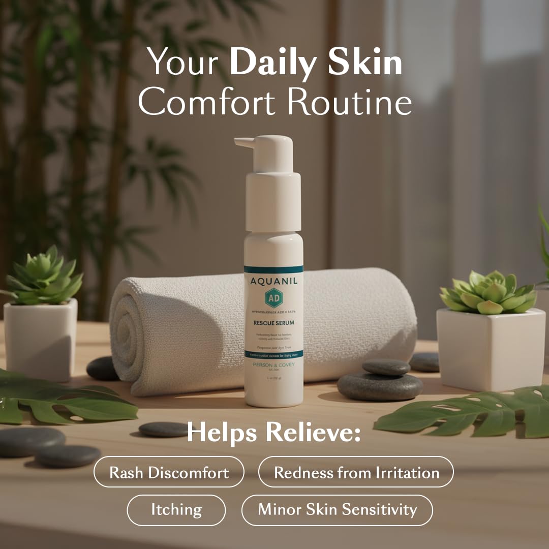Person & Covey Aquanil AD Rescue Serum packaging box image suggests dermatologist-developed care