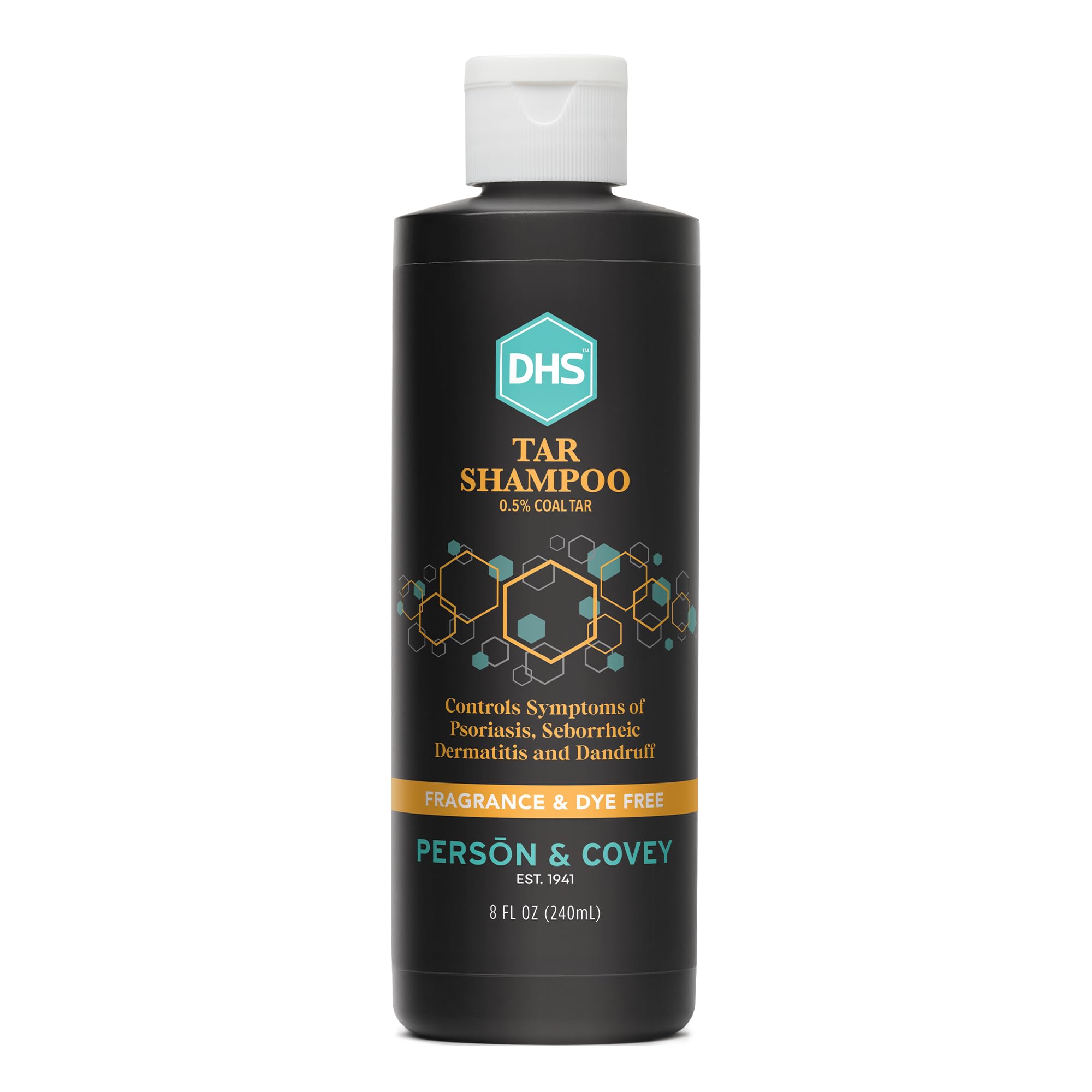 Person & Covey DHS Tar Shampoo bottle pour for scalp care.