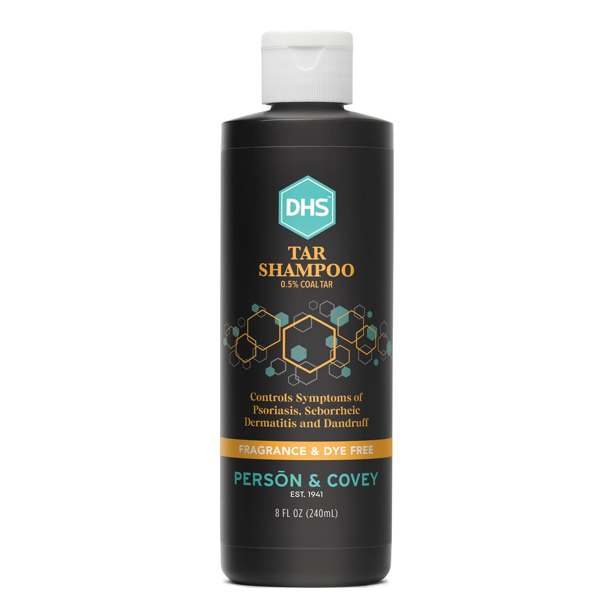 Person & Covey DHS Tar Shampoo bottle pour for scalp care.