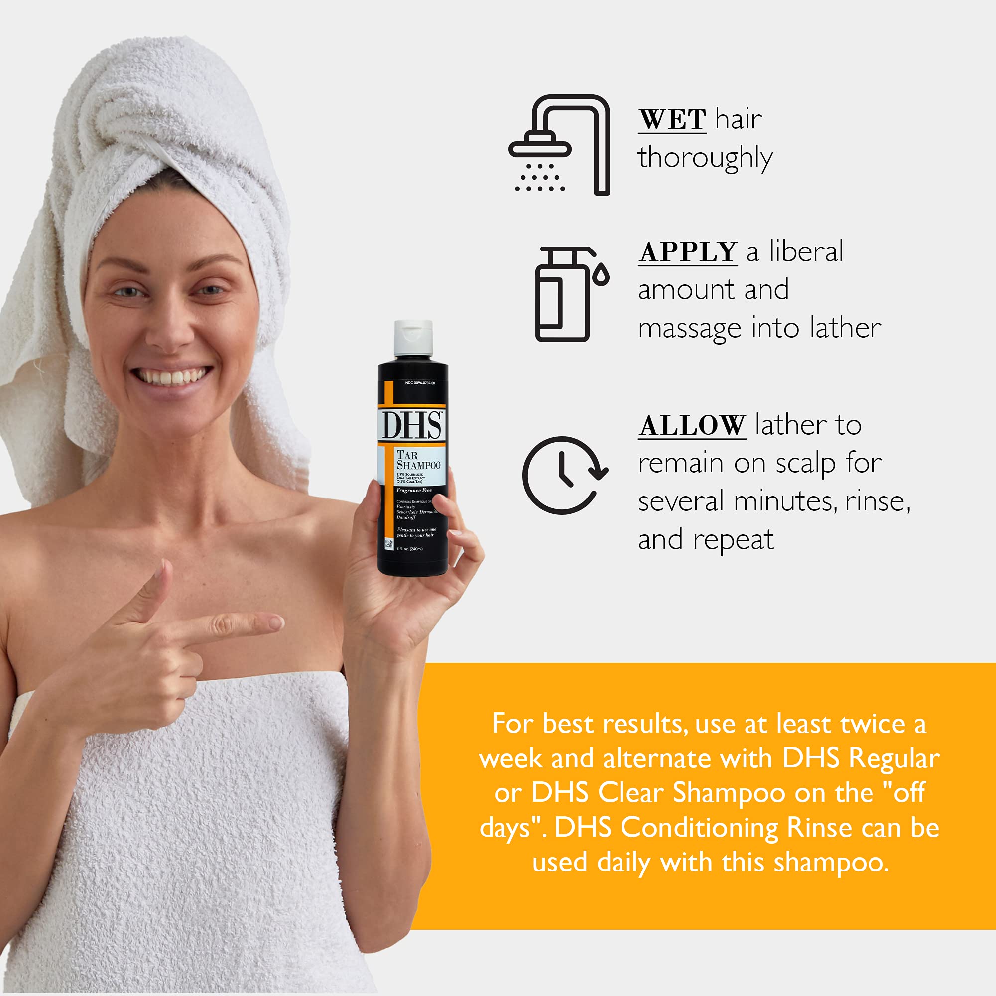 Person & Covey DHS Tar Shampoo label shows usage guidance for routine care.