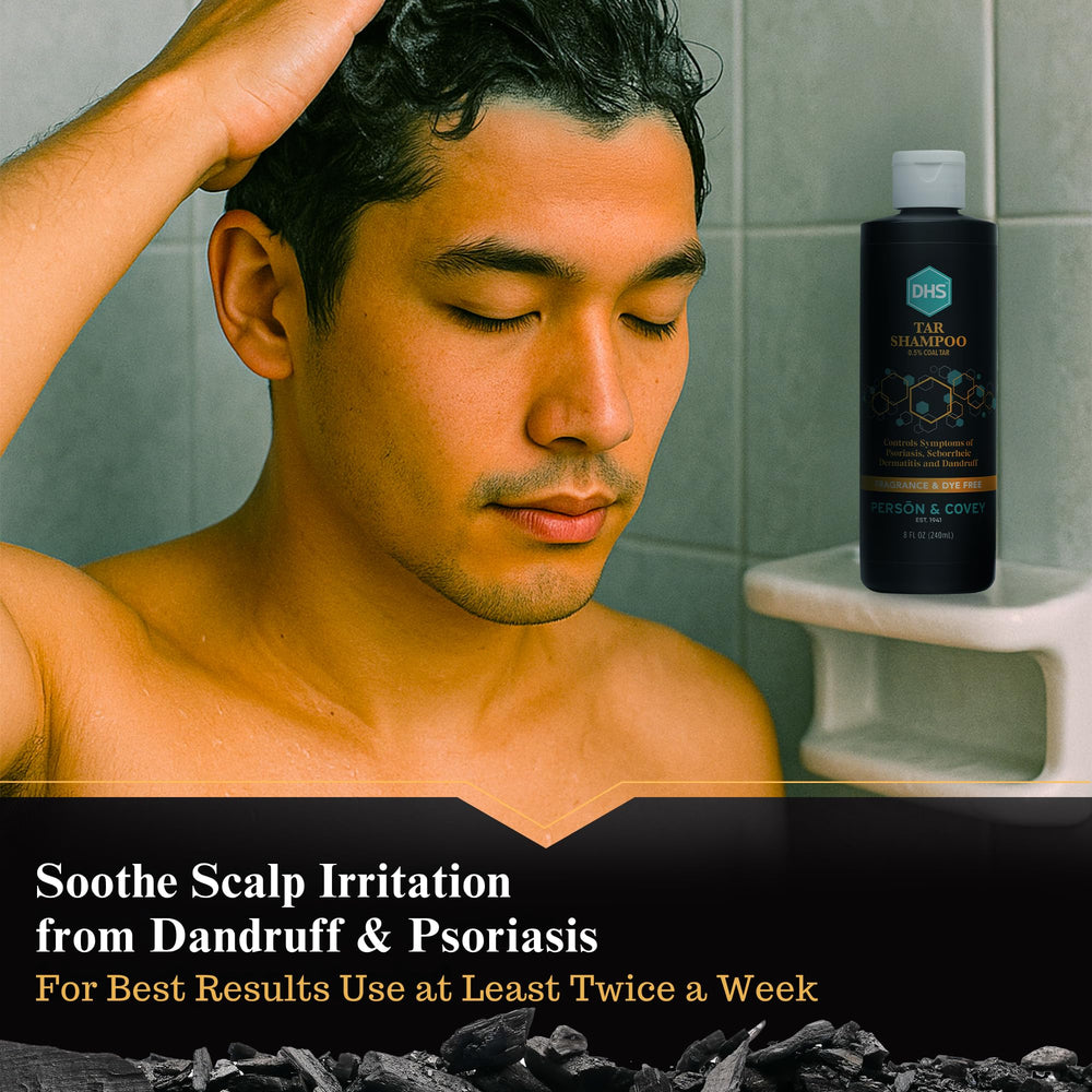 Person & Covey DHS Tar Shampoo on scalp for dandruff management.