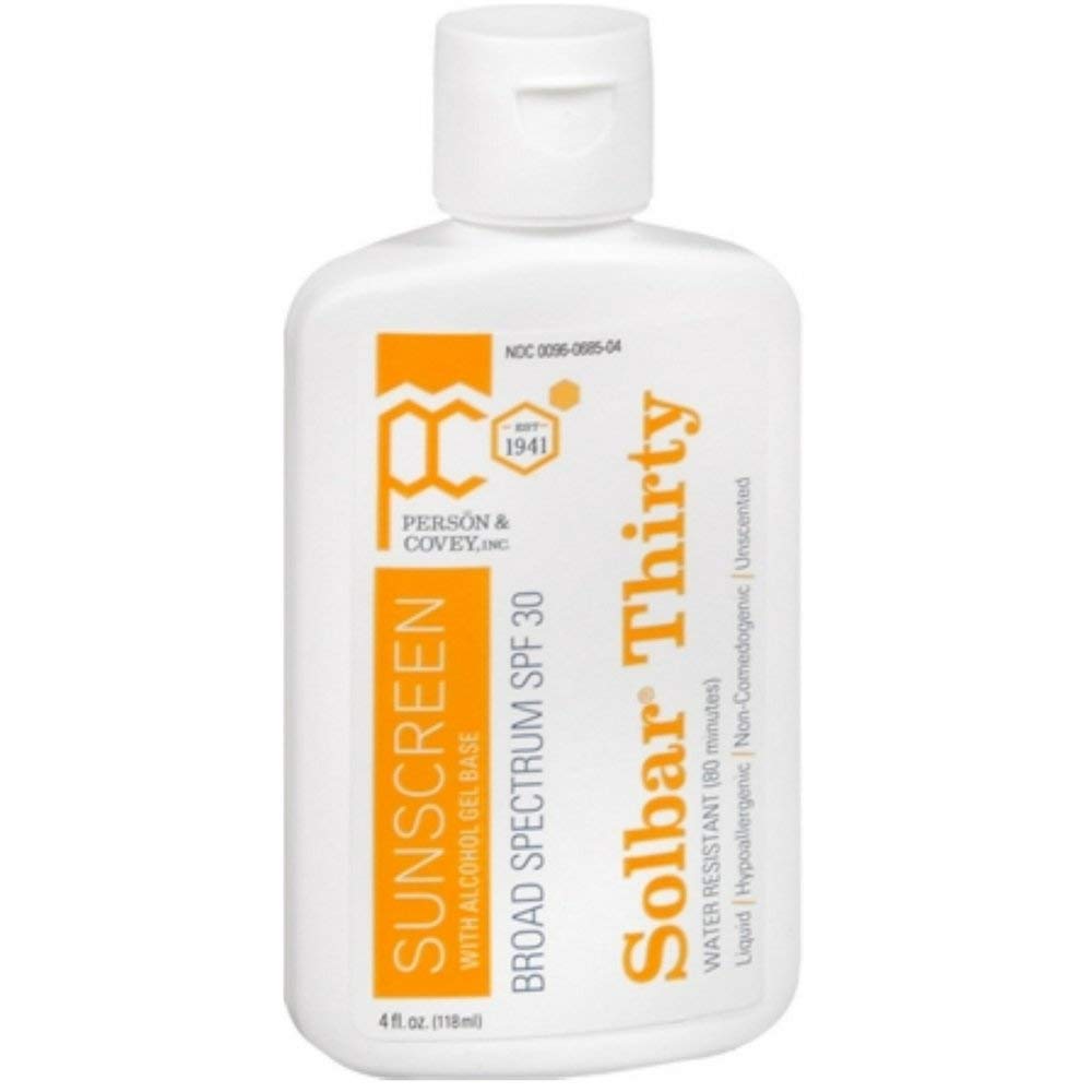 Solbar PF Sunscreen Liquid bottle with SPF 30, ideal for oily skin, non-sticky application.