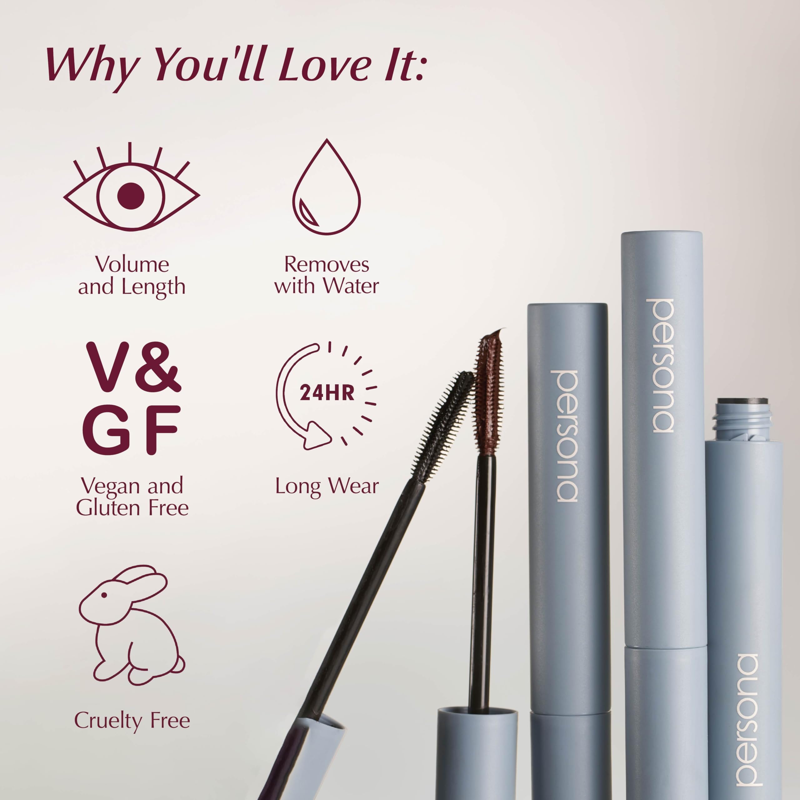 PERSONA Volumizing Tubing Mascara warm water removal for quick cleansing.